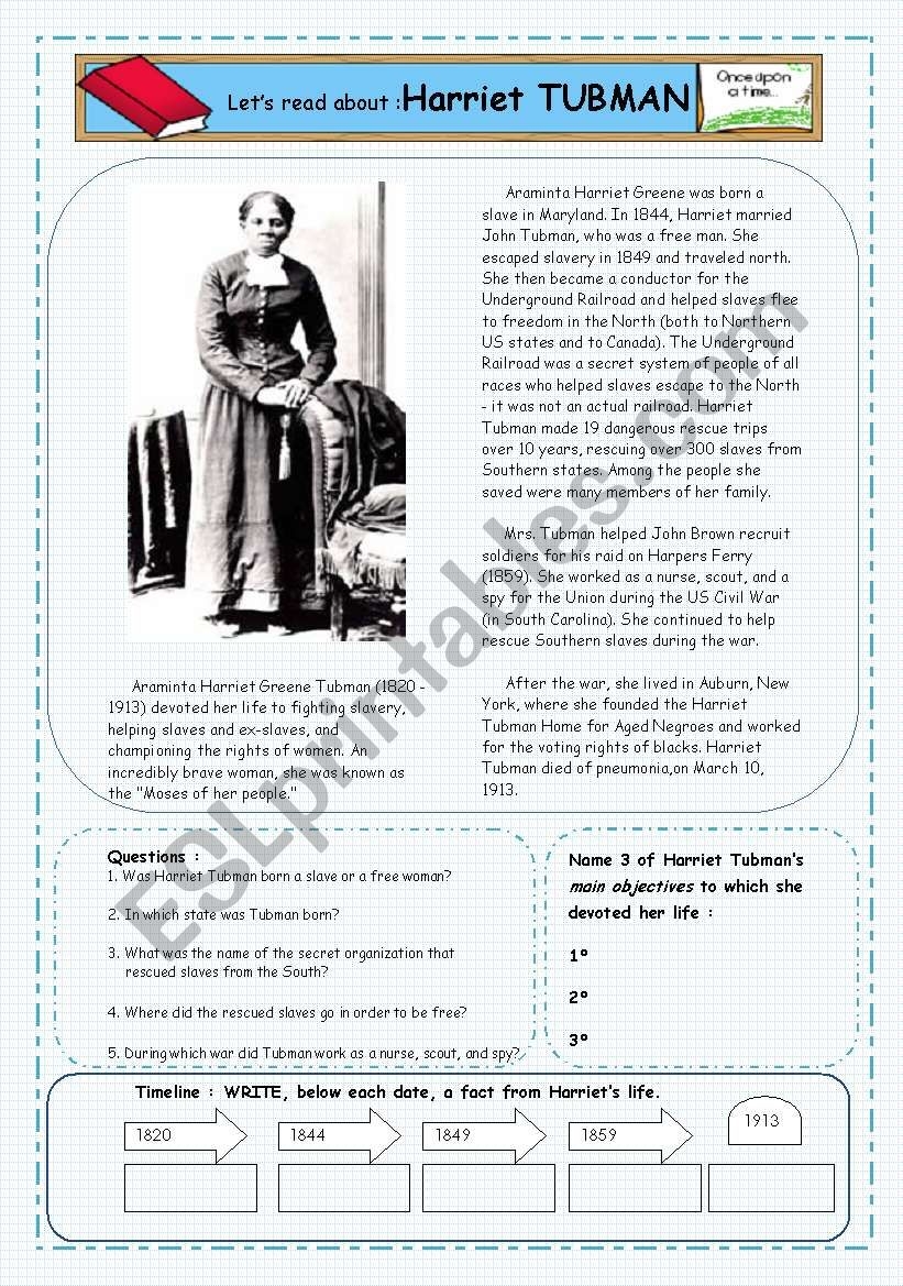 Reader Short Biography On Harriet Tubman ESL Worksheet By Pelletrine Reader Short Biography On Harriet Tubman ESL Worksheet By Pelletrine