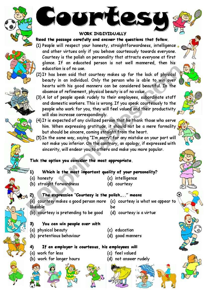 Reading Comprehension 1 COURTESY 3 Pages Editable With Key ESL Worksheet By Vikral Reading Comprehension 1 COURTESY 3 Pages Editable With Key ESL Worksheet By Vikral