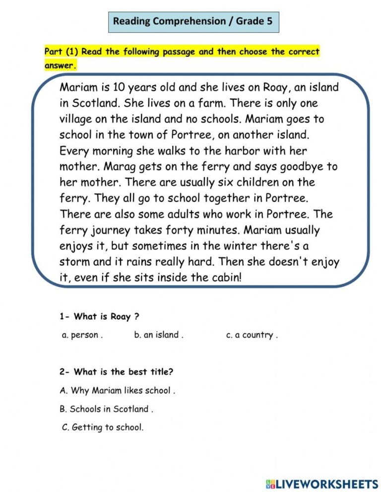 Reading Comprehension 5th Grade Worksheet Live Worksheets