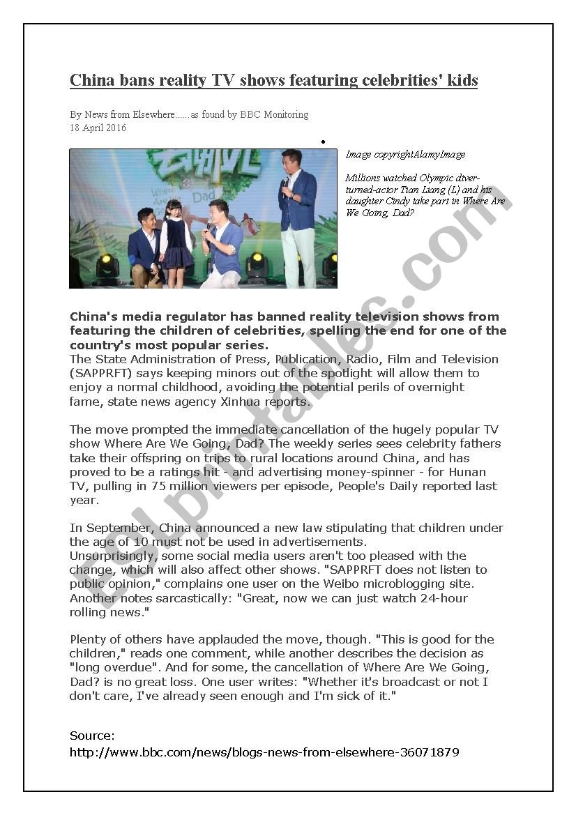 Reading Comprehension China Bans Celebrities Children From Appearing On Reality TV Shows ESL Worksheet By FrauSue