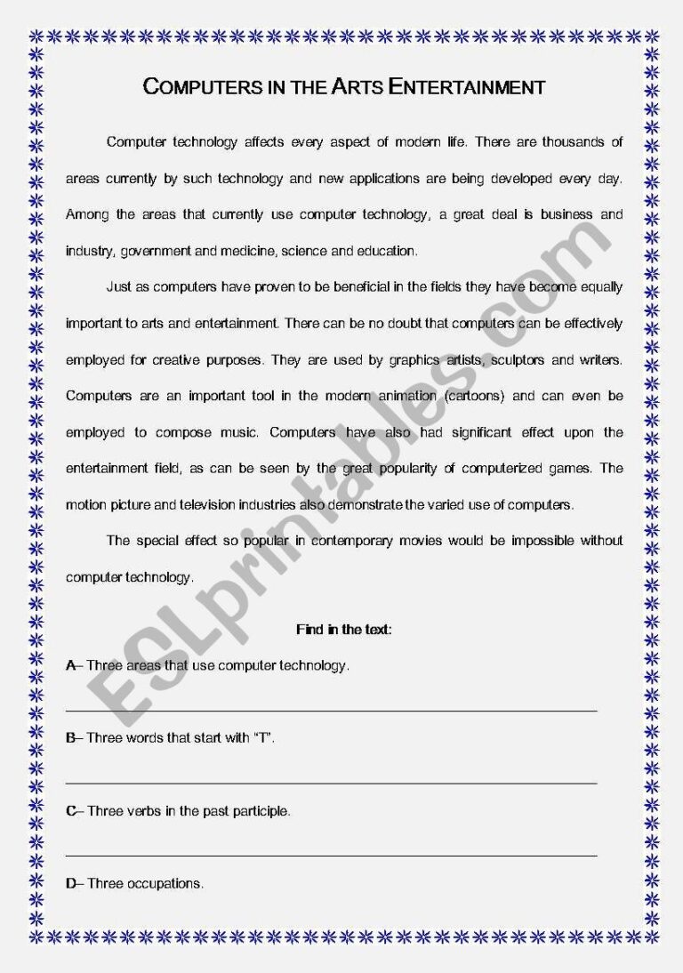 Reading Comprehension Computers In The Art Entertainment ESL Worksheet By Denise calazans