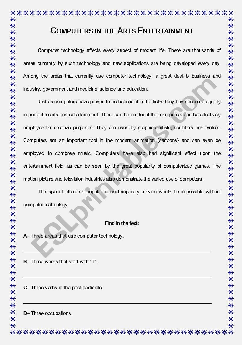 Reading Comprehension Computers In The Art Entertainment ESL Worksheet By Denise calazans Reading Comprehension Computers In The Art Entertainment ESL Worksheet By Denise calazans