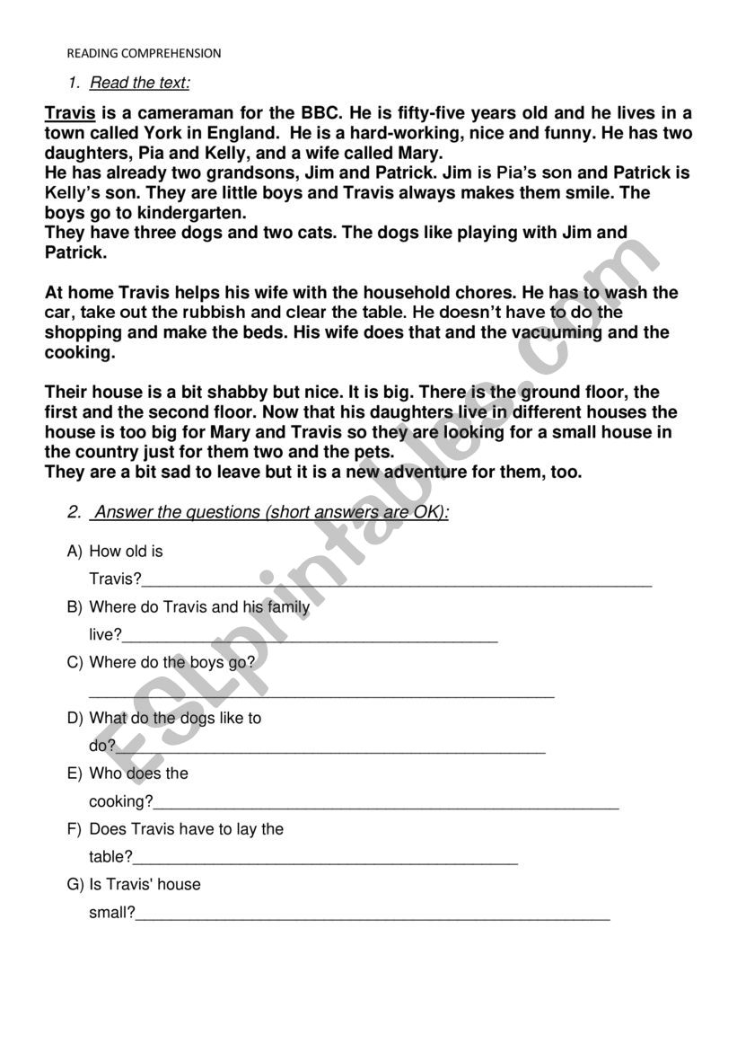 READING COMPREHENSION ESL Worksheet By Maladolencic