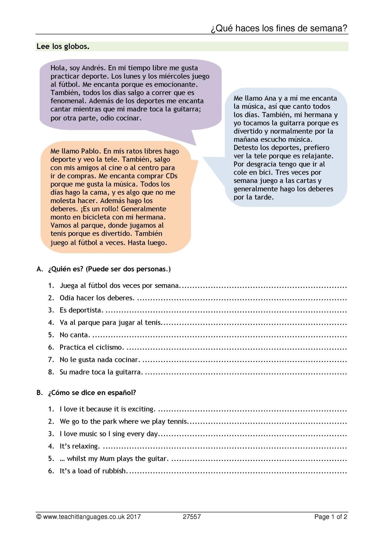 Reading Comprehension Free Time KS3 4 Spanish Teaching Worksheets Library Reading Comprehension Free Time KS3 4 Spanish Teaching Worksheets Library