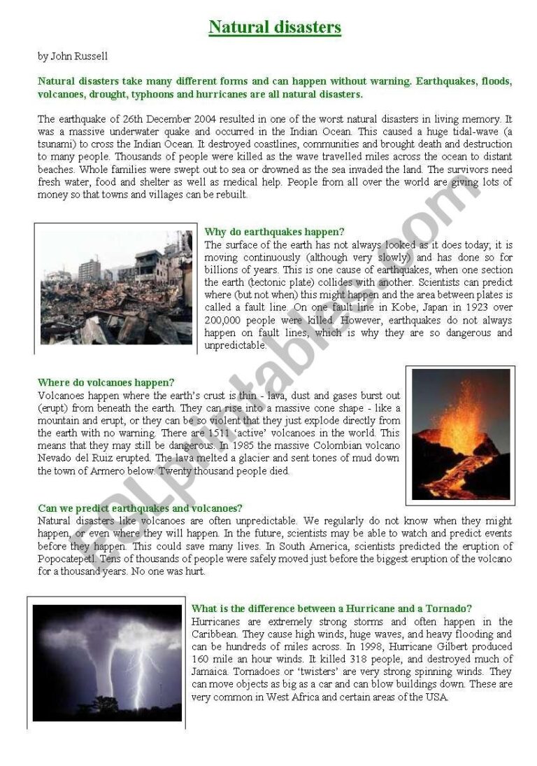Reading Comprehension Natural Disasters ESL Worksheet By Gise09