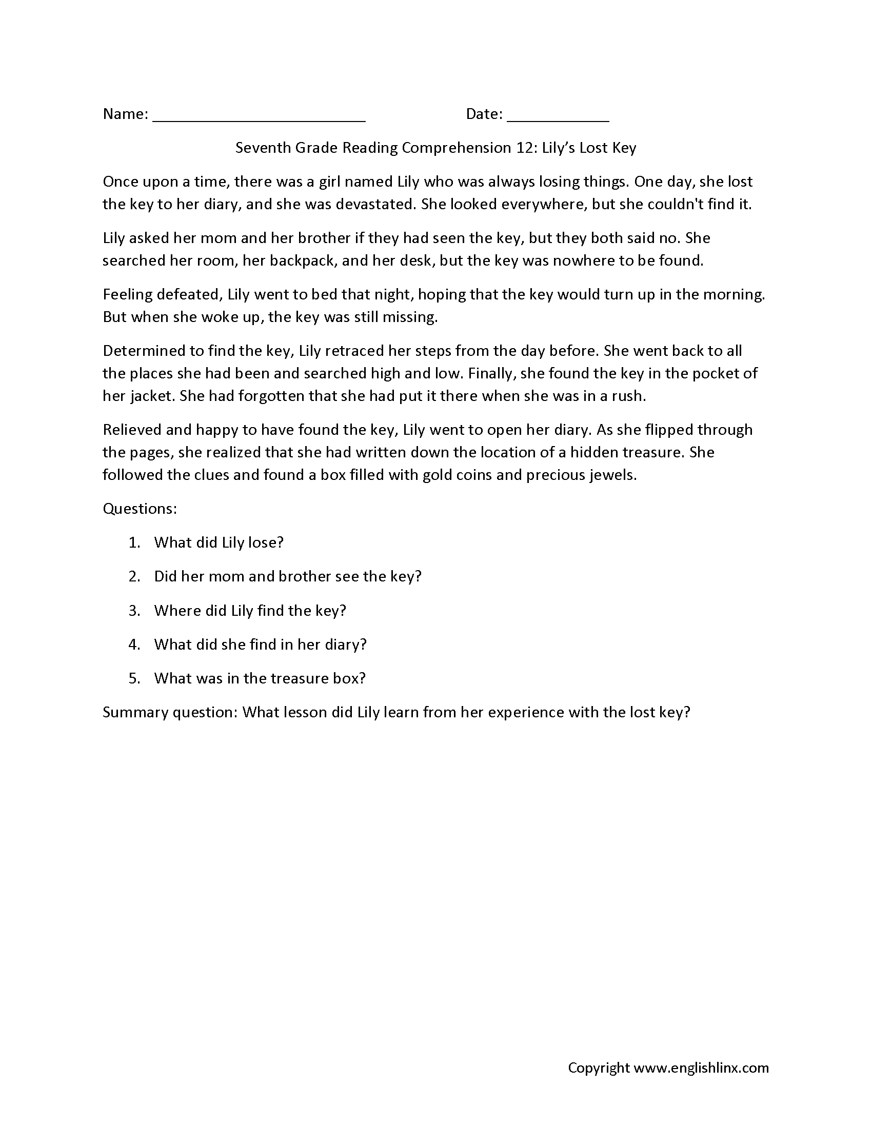 Reading Comprehension Worksheets Seventh Grade Reading Comprehension Worksheets