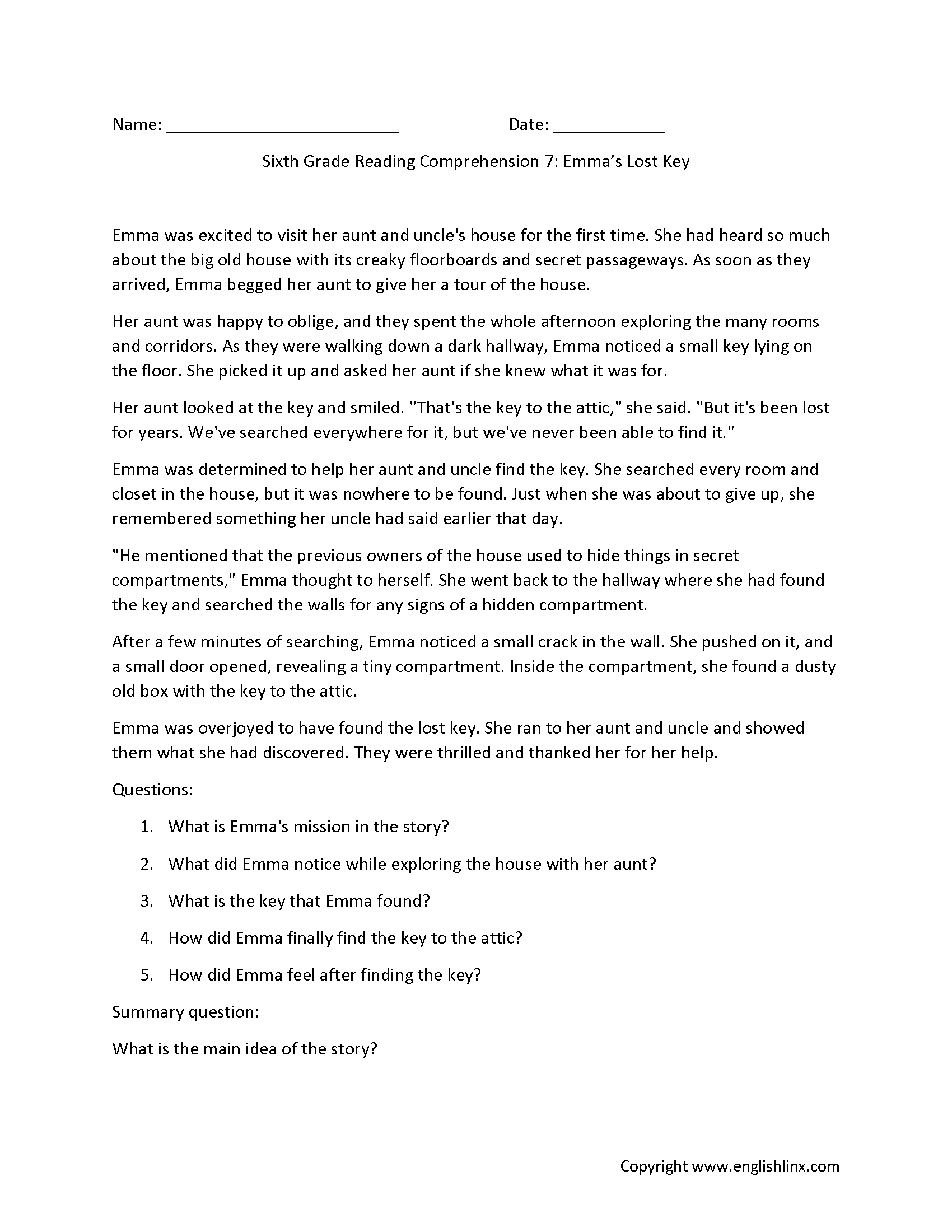 Reading Comprehension Worksheets Sixth Grade Reading 