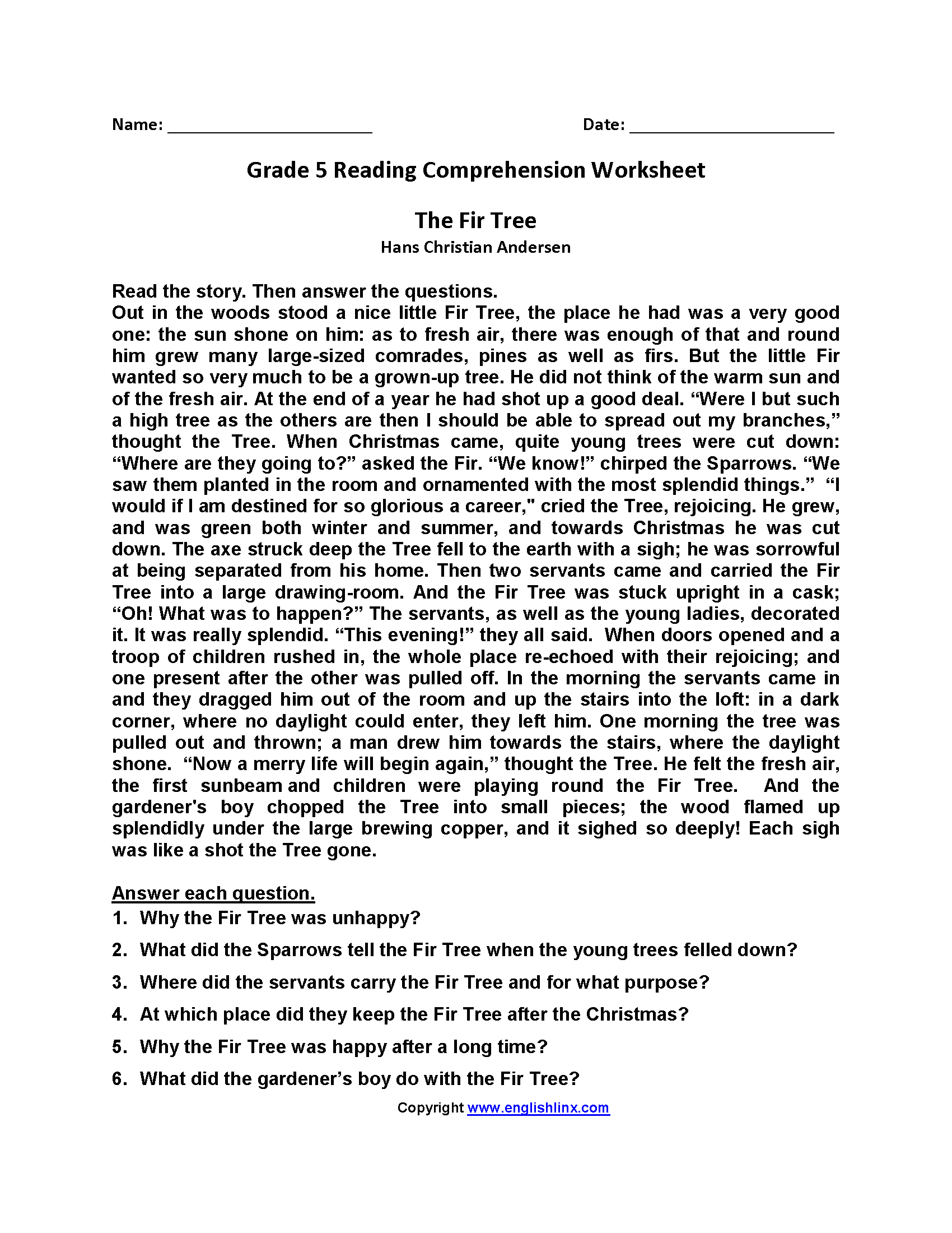 5th Grade Reading Comprehension Worksheets Printables