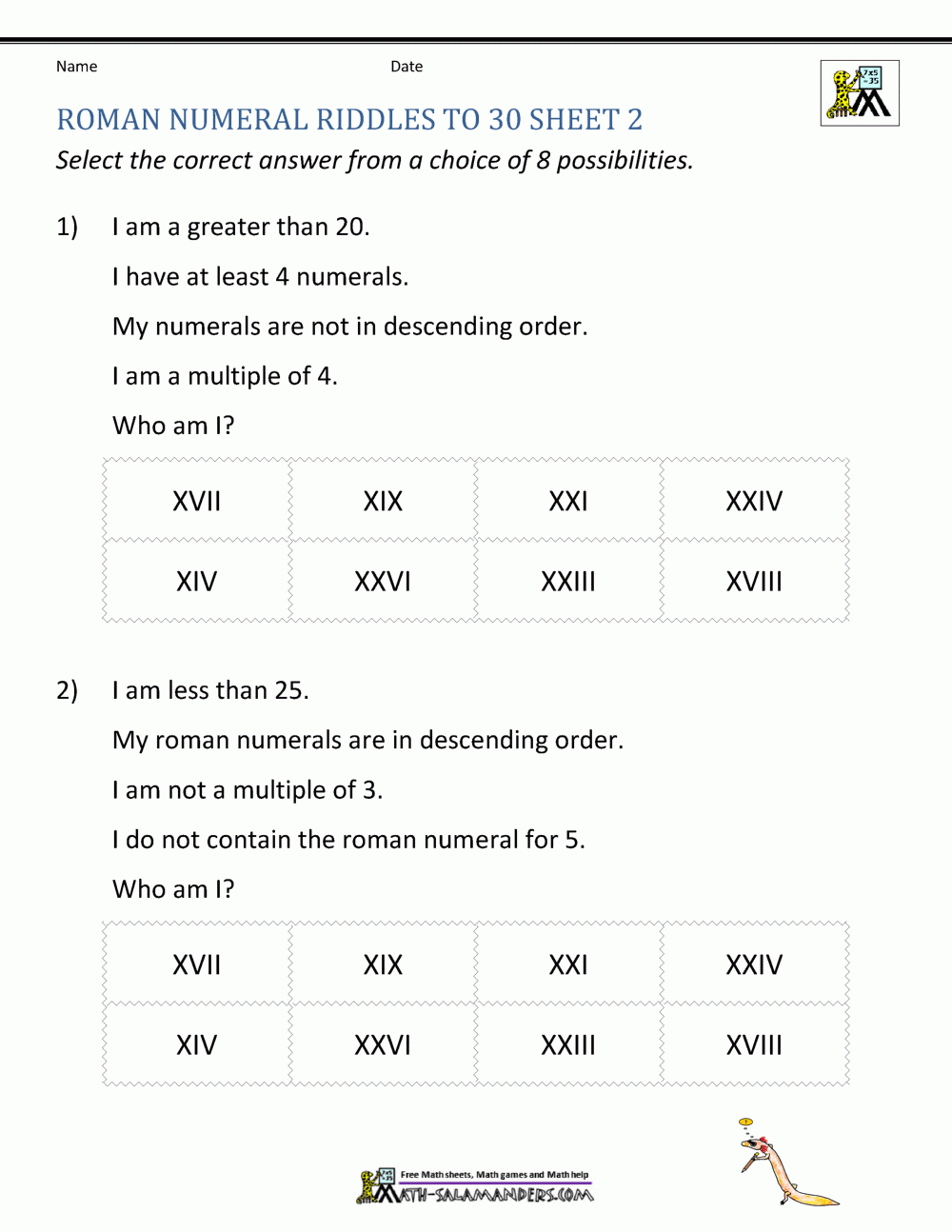 Roman Numeral Worksheet Free Printable