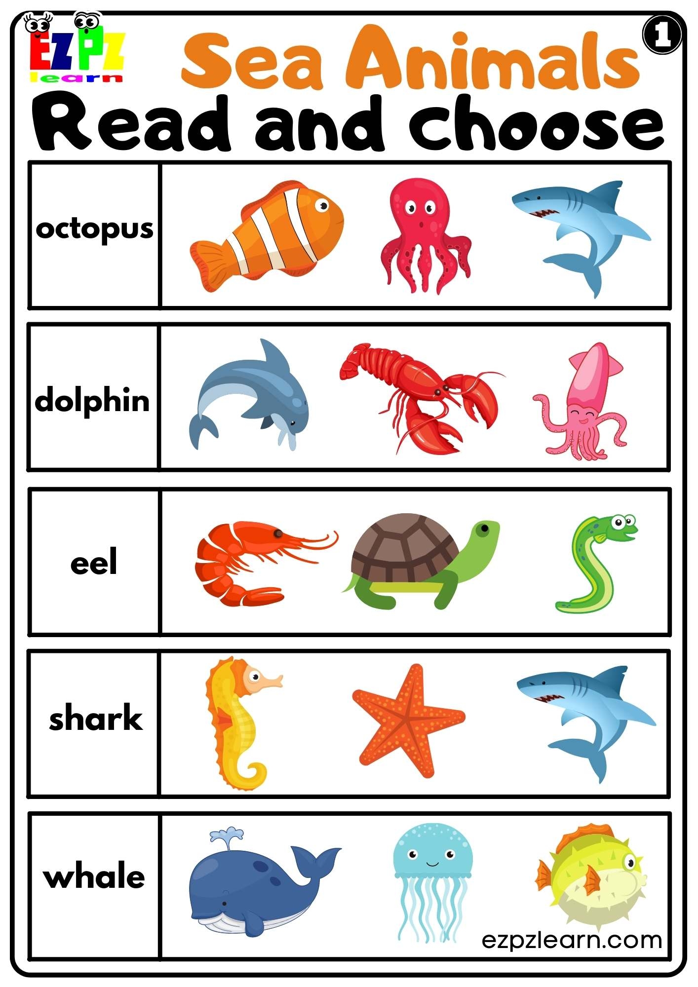 Sea Animals Read And Choose Worksheet For Kids And ESL Set 1 Sea Animals Read And Choose Worksheet For Kids And ESL Set 1