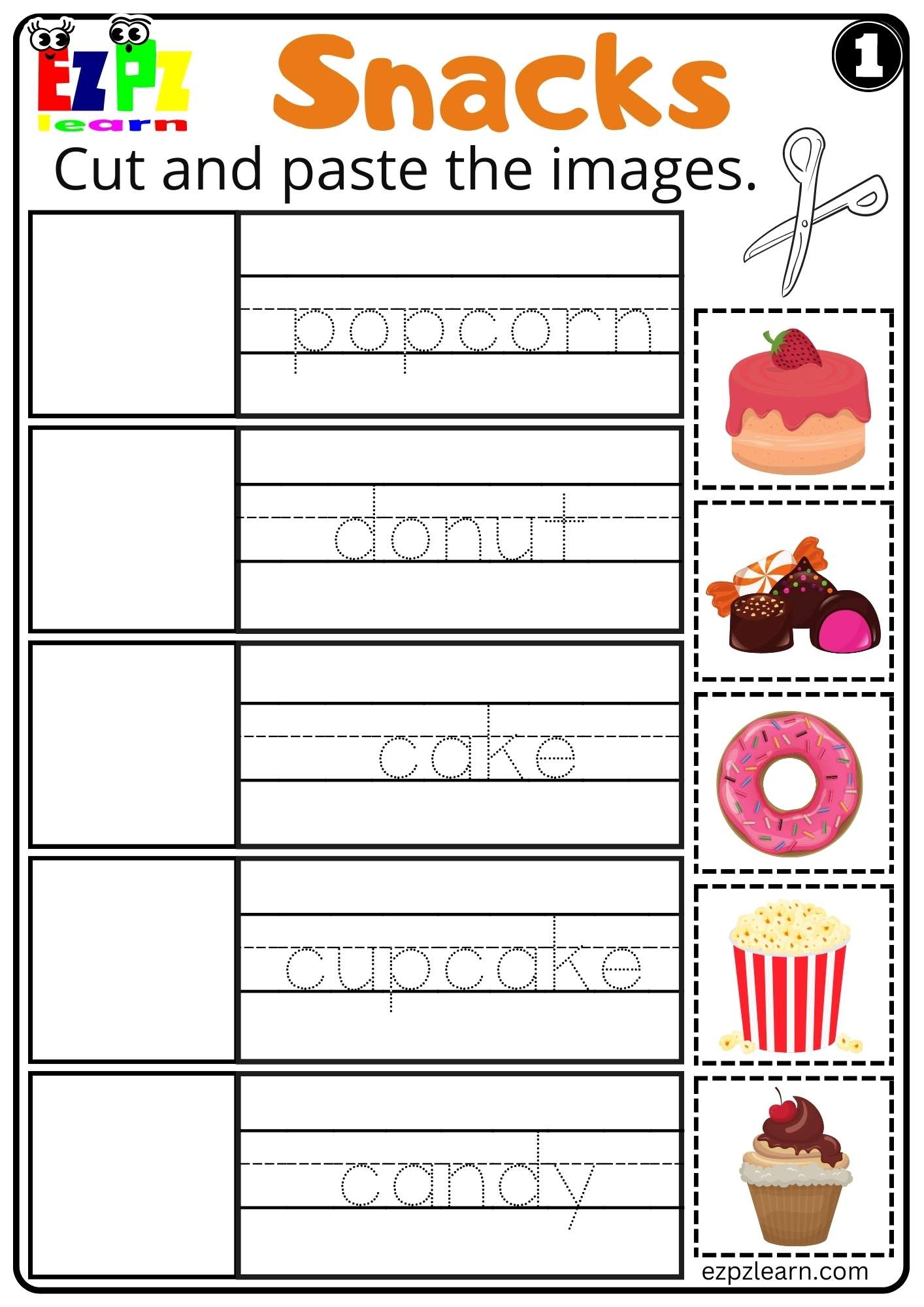 Snacks Cut And Paste Worksheet For ESL And Kindergarten K5 Free 