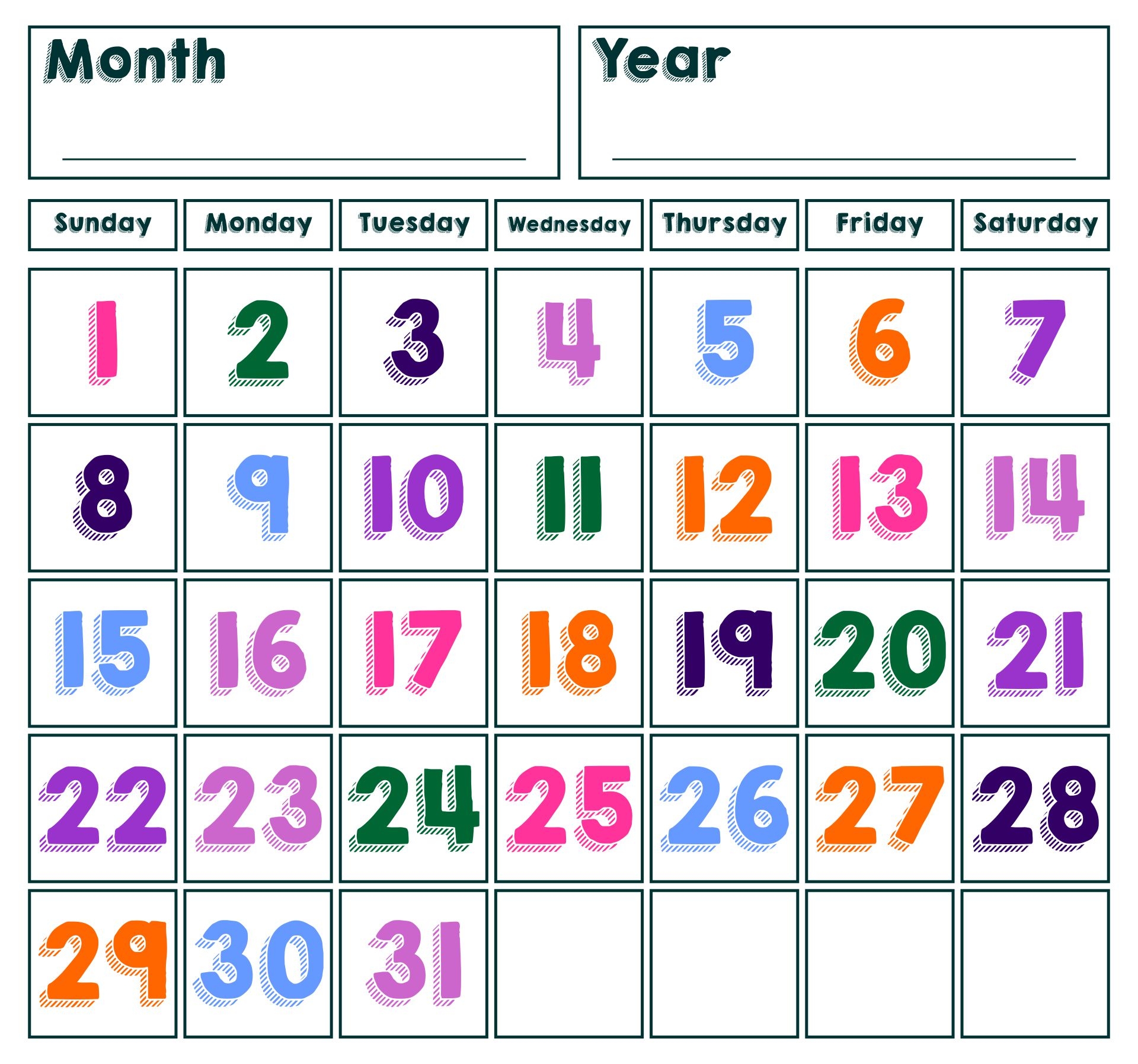 Free Printable Calendar Numbers For Preschool