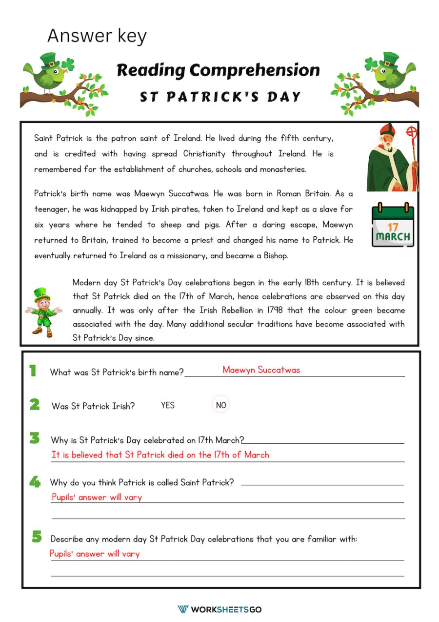 St Patrick s Day Reading Comprehension Worksheets WorksheetsGO St Patrick s Day Reading Comprehension Worksheets WorksheetsGO