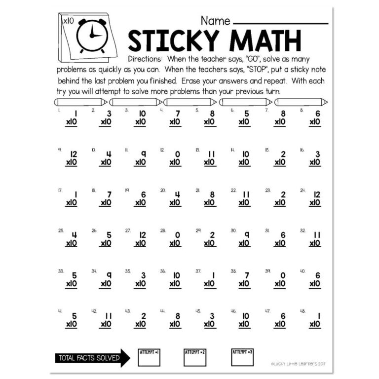 Sticky Math Fact Fluency Practice Multiplication X10 Lucky