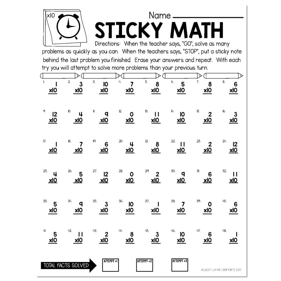 Sticky Math Fact Fluency Practice Multiplication X10 Lucky 