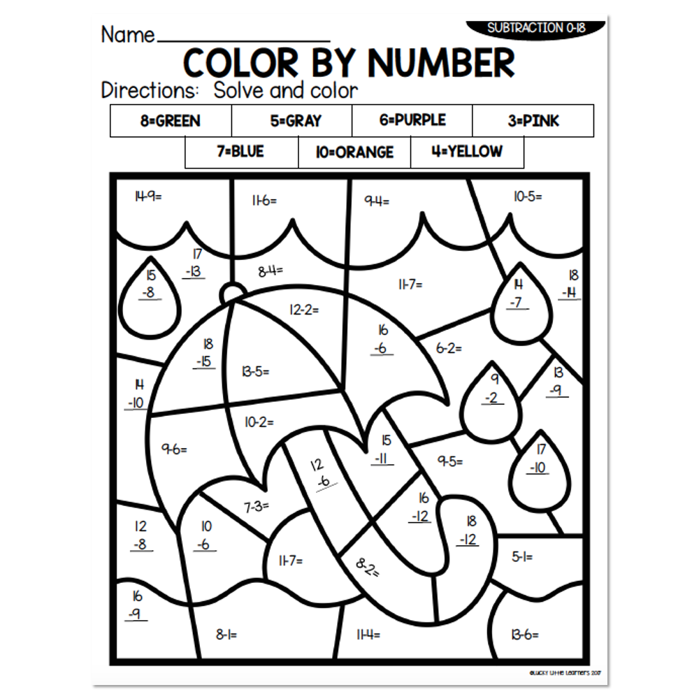 Subtraction To 18 Summer Color By Number Umbrella Lucky Little Learners Subtraction To 18 Summer Color By Number Umbrella Lucky Little Learners
