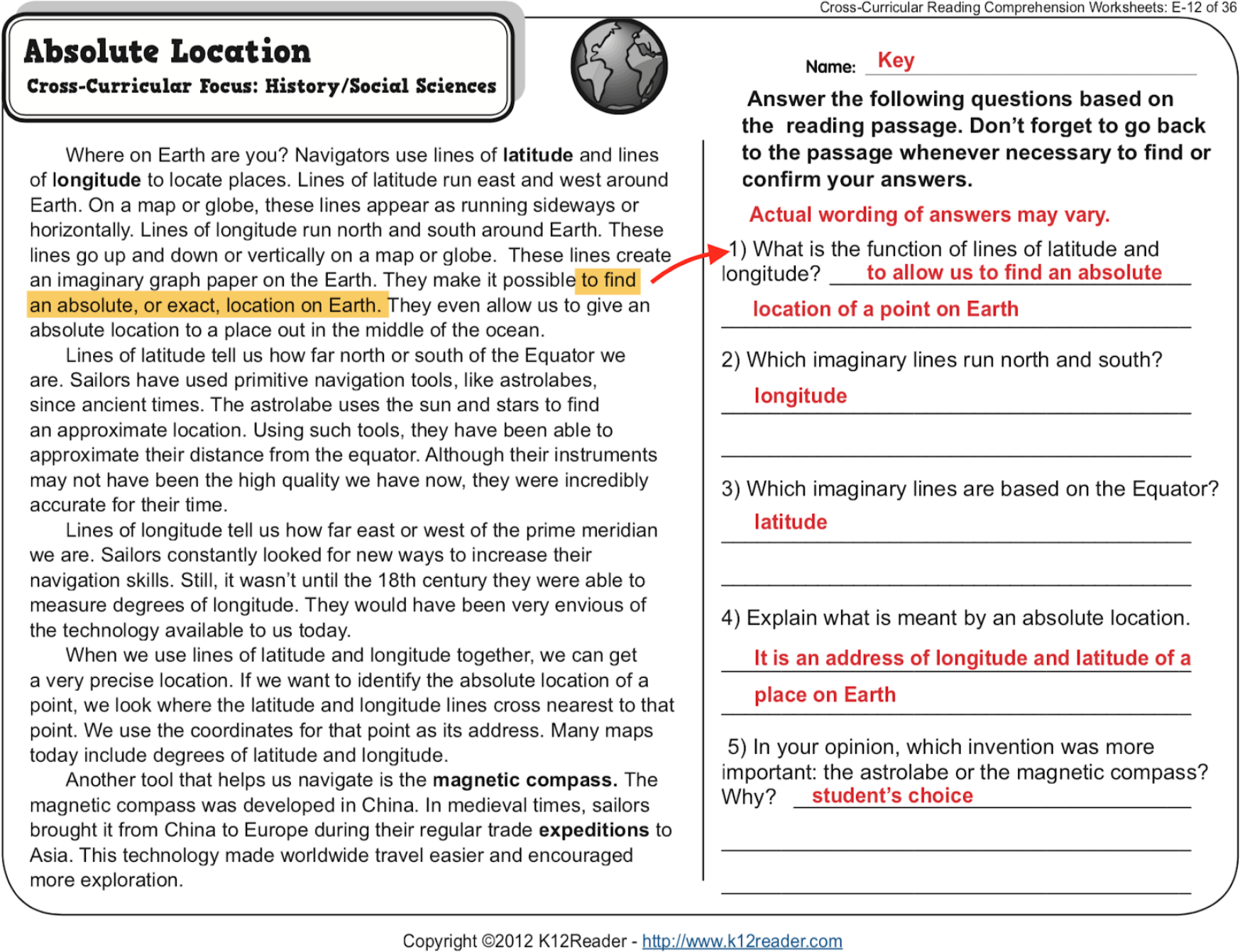 Cross Curricular Reading Comprehension Worksheet Cross Curricular Reading Comprehension Worksheet