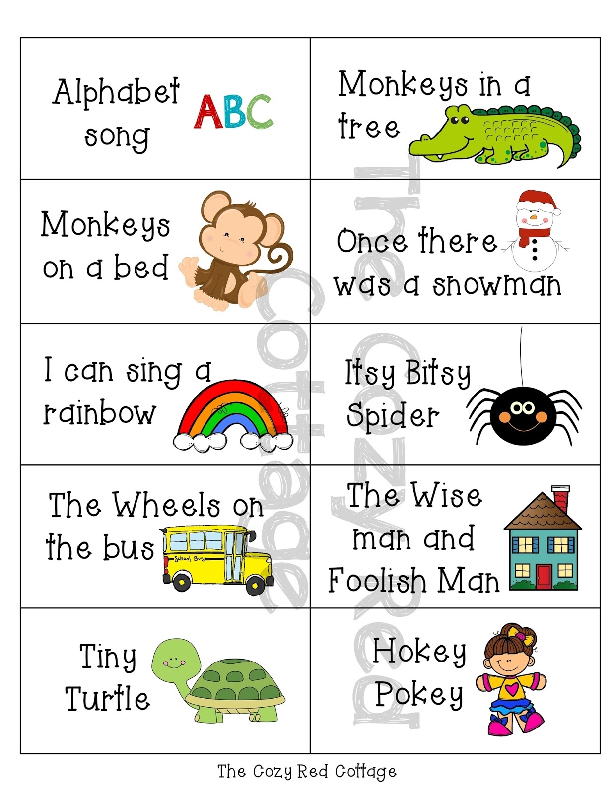 The Cozy Red Cottage 30 Preschool Song Cards free Printables The Cozy Red Cottage 30 Preschool Song Cards free Printables