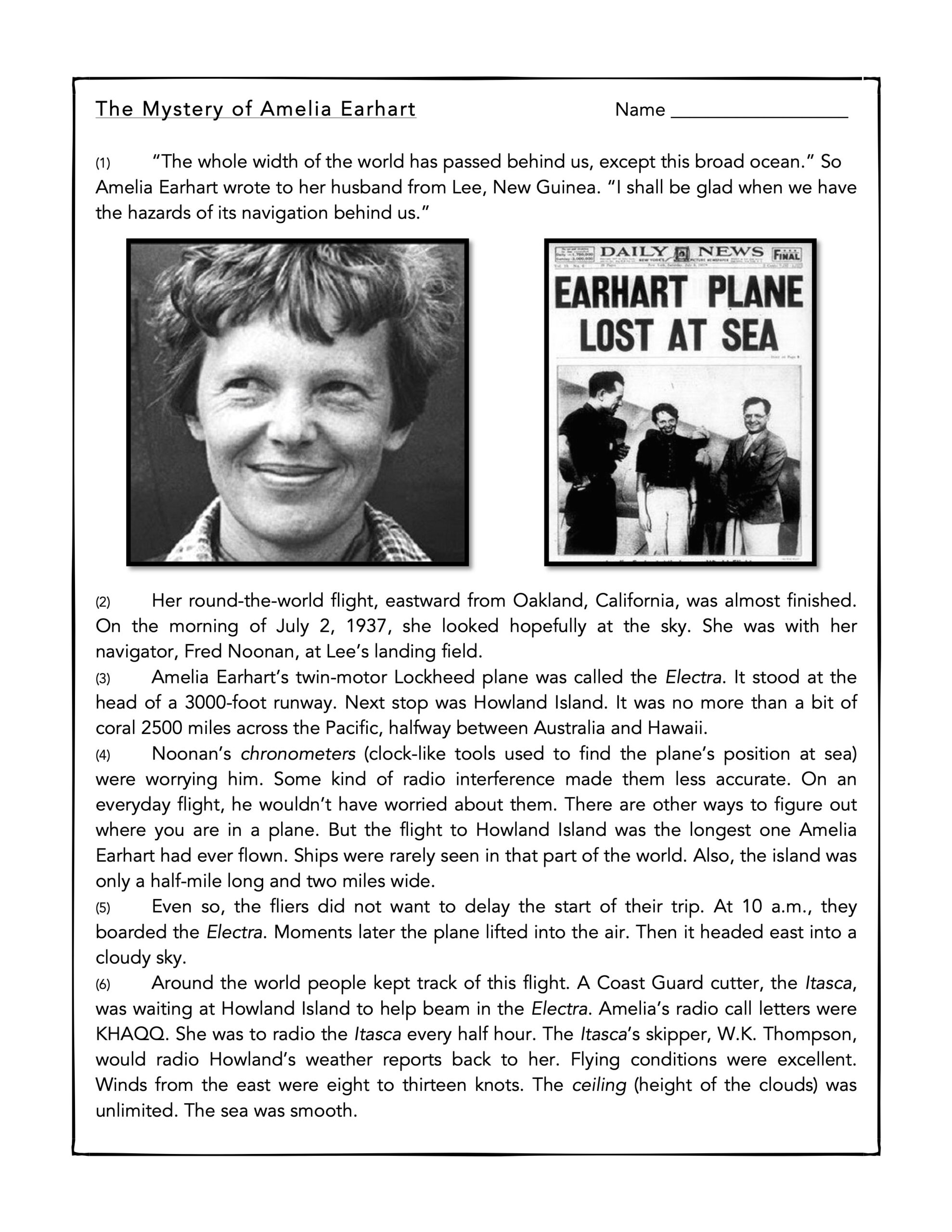Amelia Earhart Reading Comprehension Worksheet