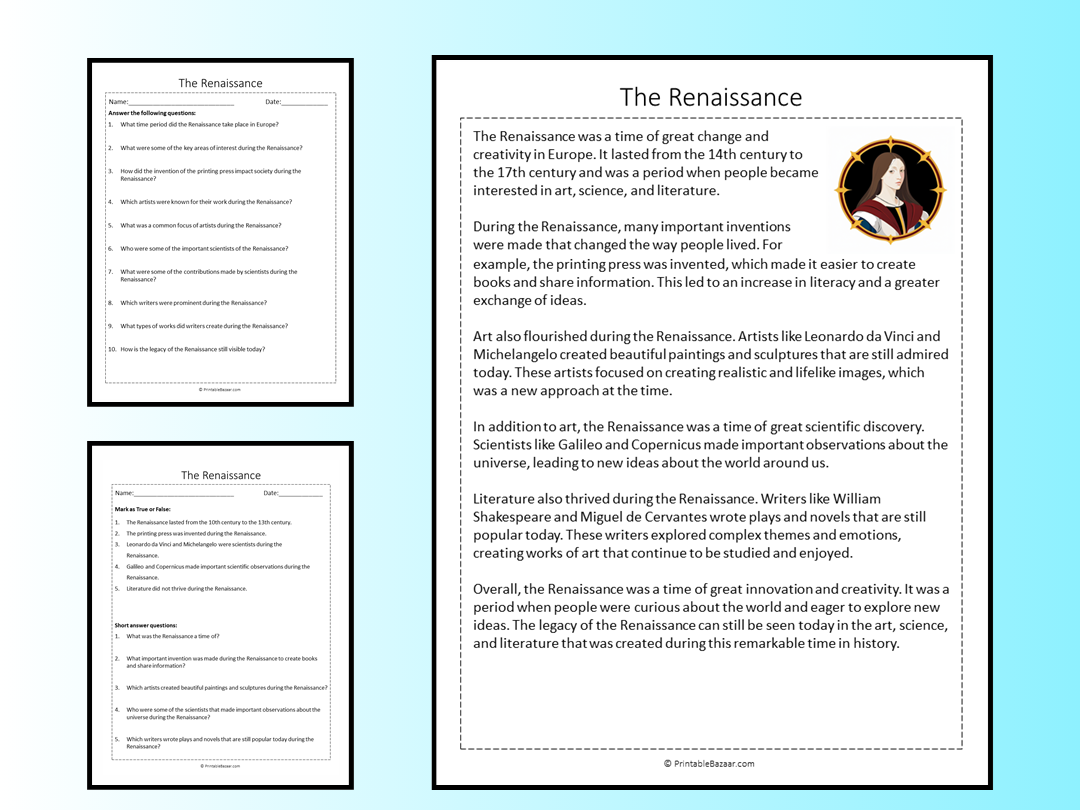 The Renaissance Reading Comprehension Passage Printable Worksheet Teaching Resources The Renaissance Reading Comprehension Passage Printable Worksheet Teaching Resources