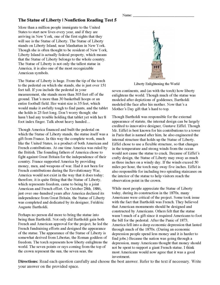 The Statue Of Liberty Nonfiction Reading Activity