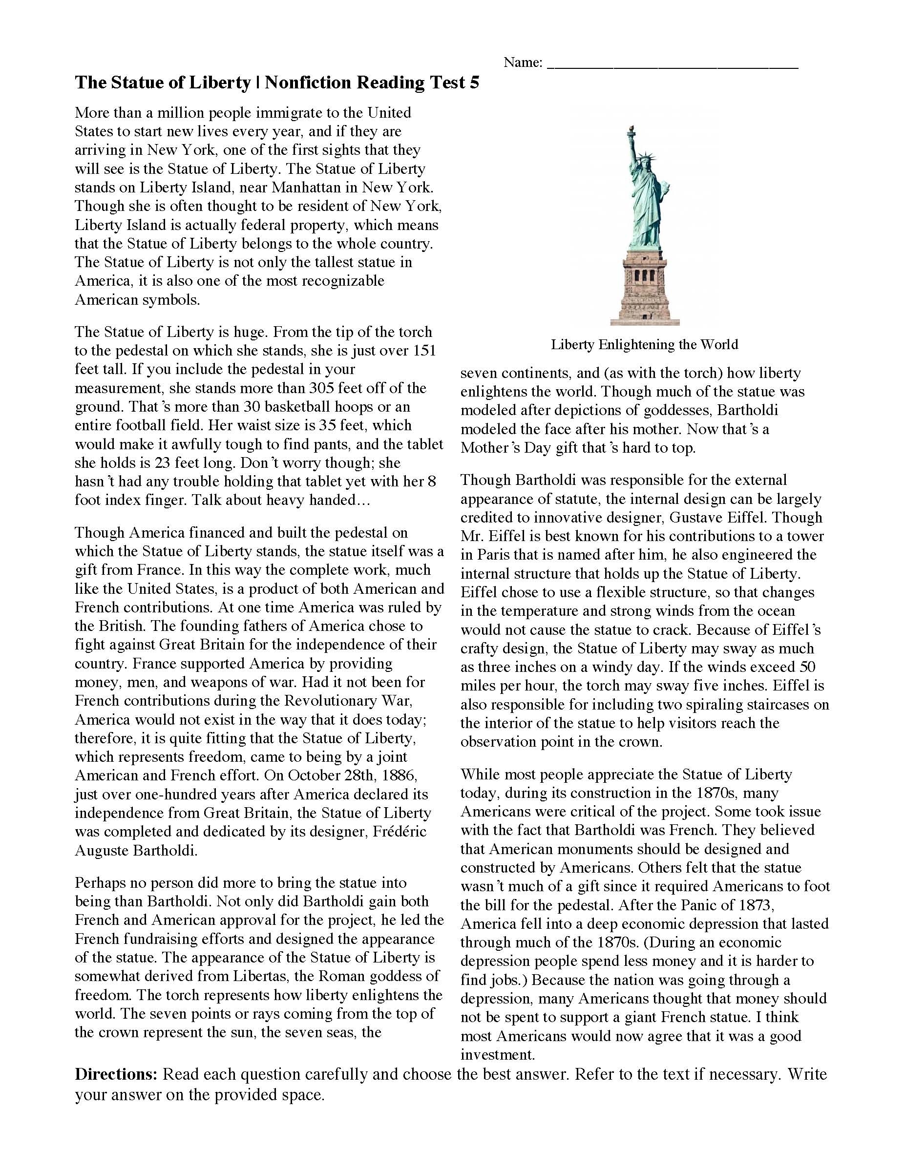 The Statue Of Liberty Nonfiction Reading Activity The Statue Of Liberty Nonfiction Reading Activity