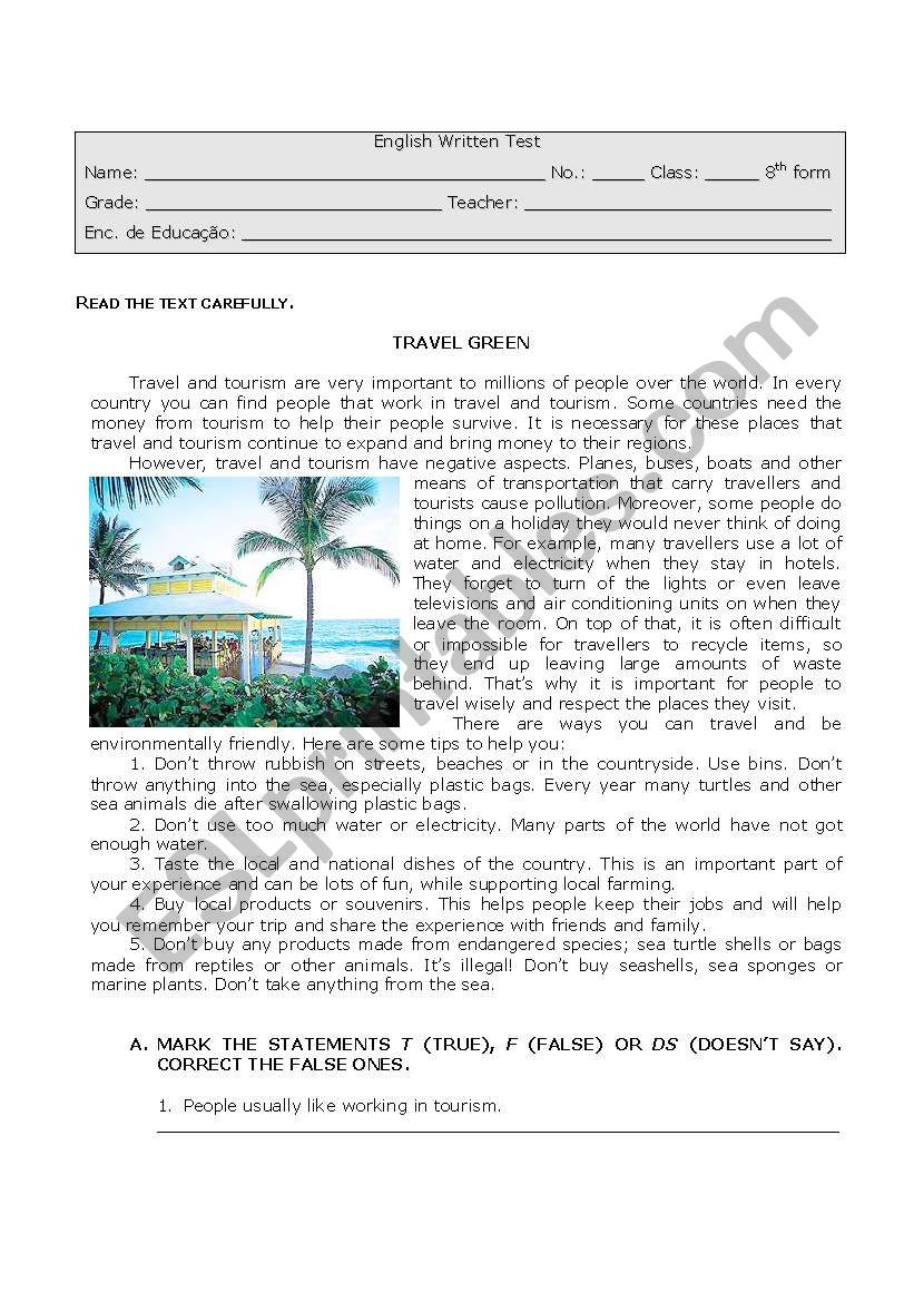 Tourism And The Environment ESL Worksheet By Paula esl