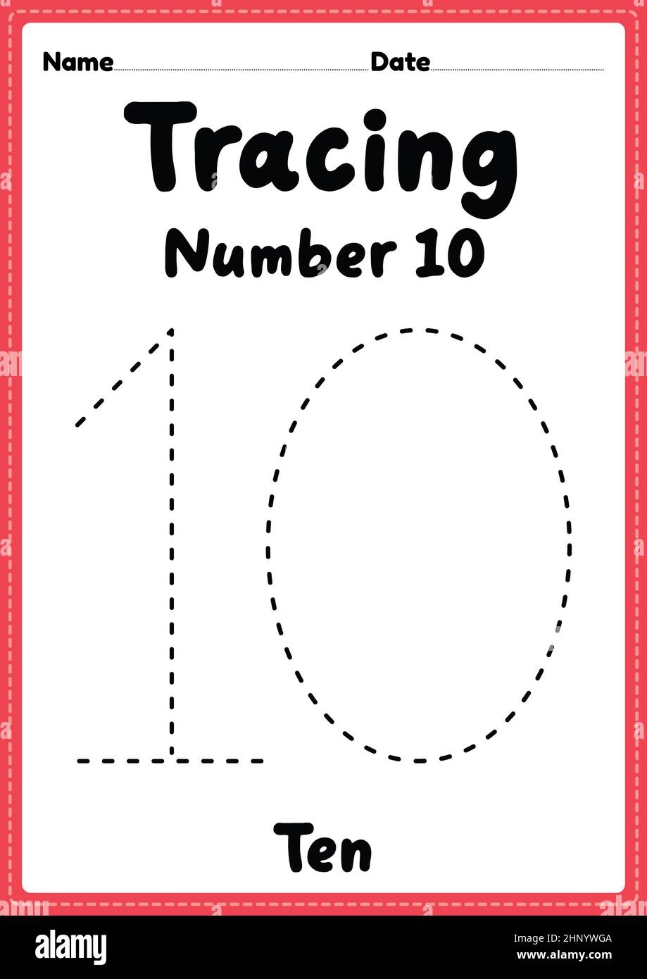 Tracing Number 10 Worksheet For Kindergarten Preschool And Montessori Kids For Handwriting Practice Activities In A Printable Page Stock Photo Alamy