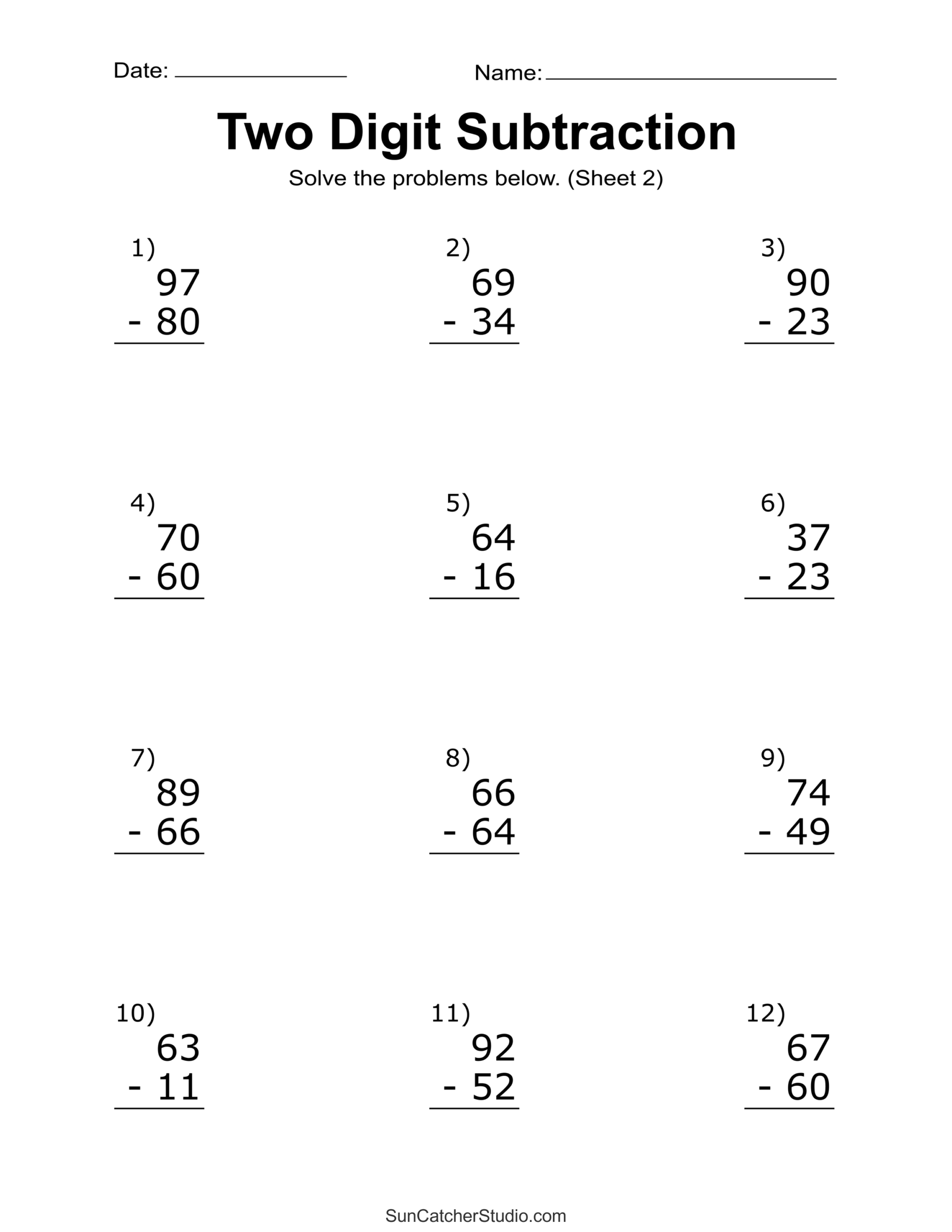 Two Digit Subtraction Worksheets Printable Math Drills Free 