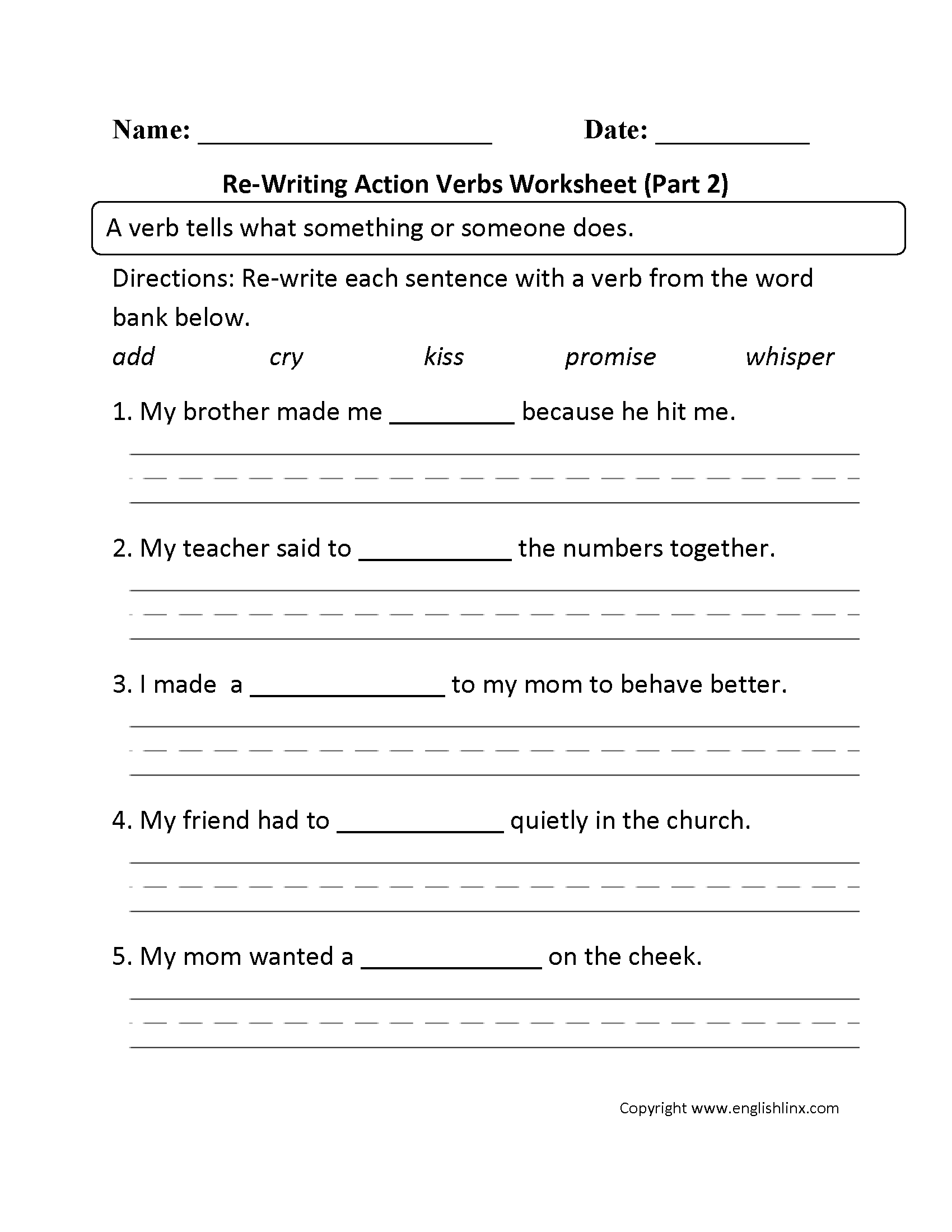 Free Printable Action Verbs Worksheets