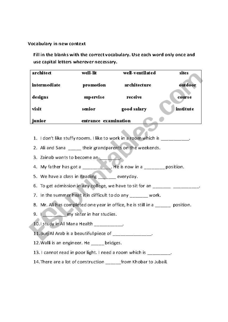 Vocabulary Pre Intermediate ESL Worksheet By Nabeera nasar