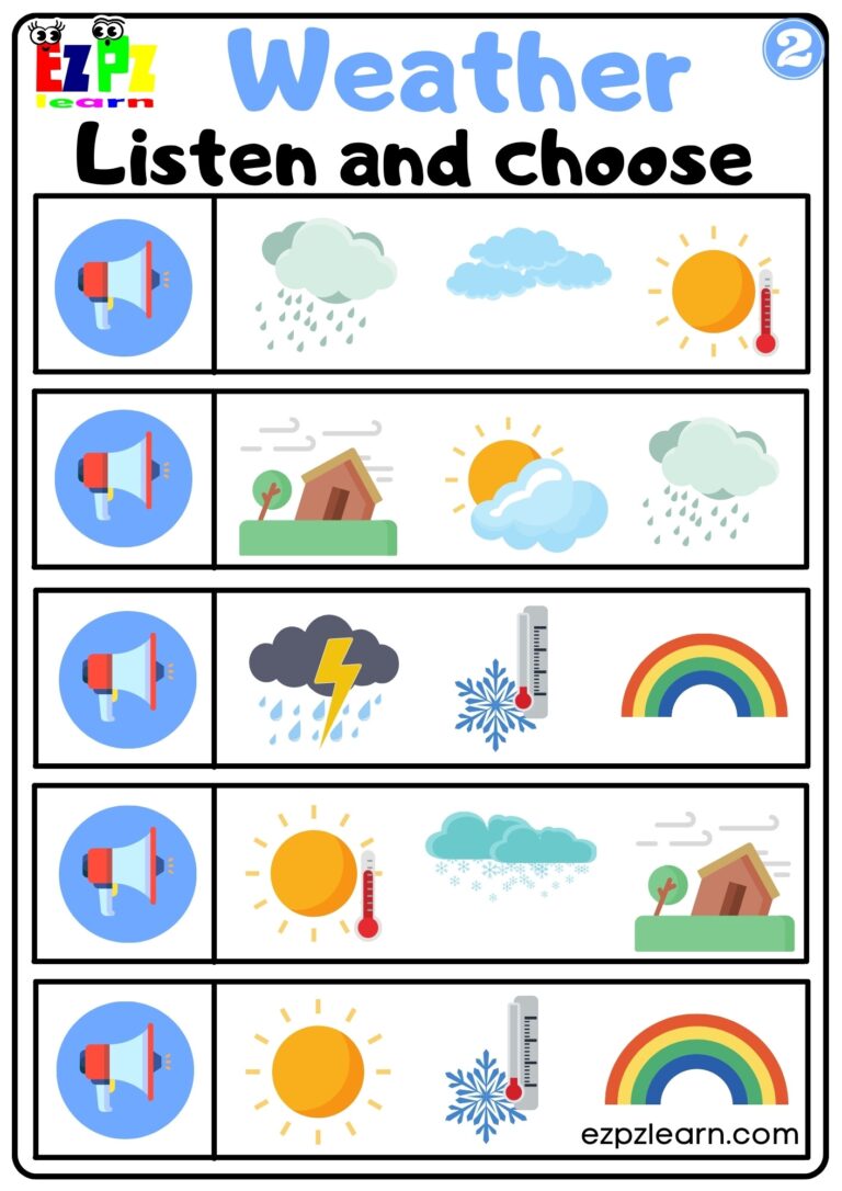 Weather Vocabulary Interactive Worksheet Listen And Choose The Correct Images Activity For Kindergarten And ESL Students G2 Ezpzlearn