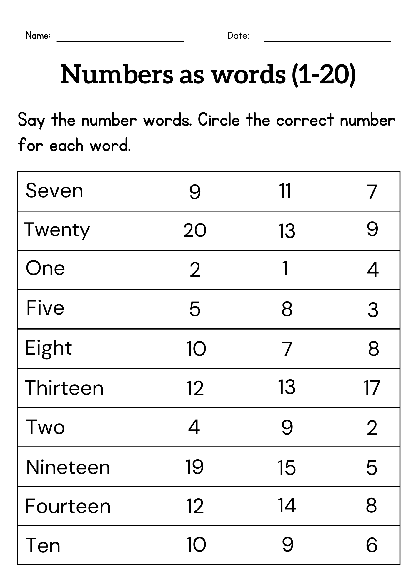 Free Kindergarten Math Number Words Worksheets