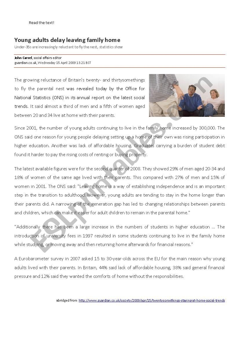 Young Adults Today Reading comprehension text exercises ESL Worksheet By Sass