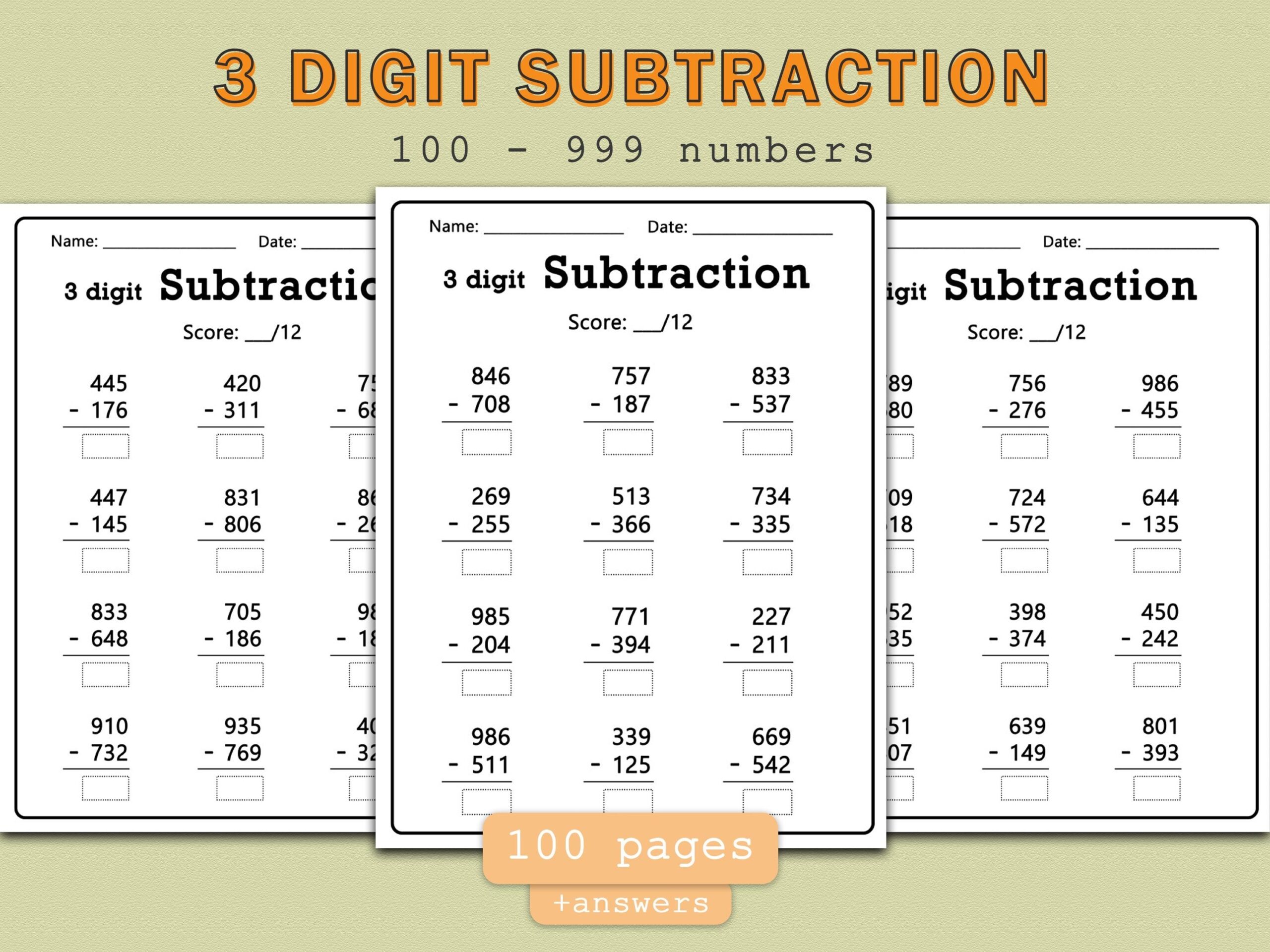 100 Three Digit Subtraction Worksheets Printable Math Worksheets 100 999 Numbers Educational Resources U0026 Activities Etsy