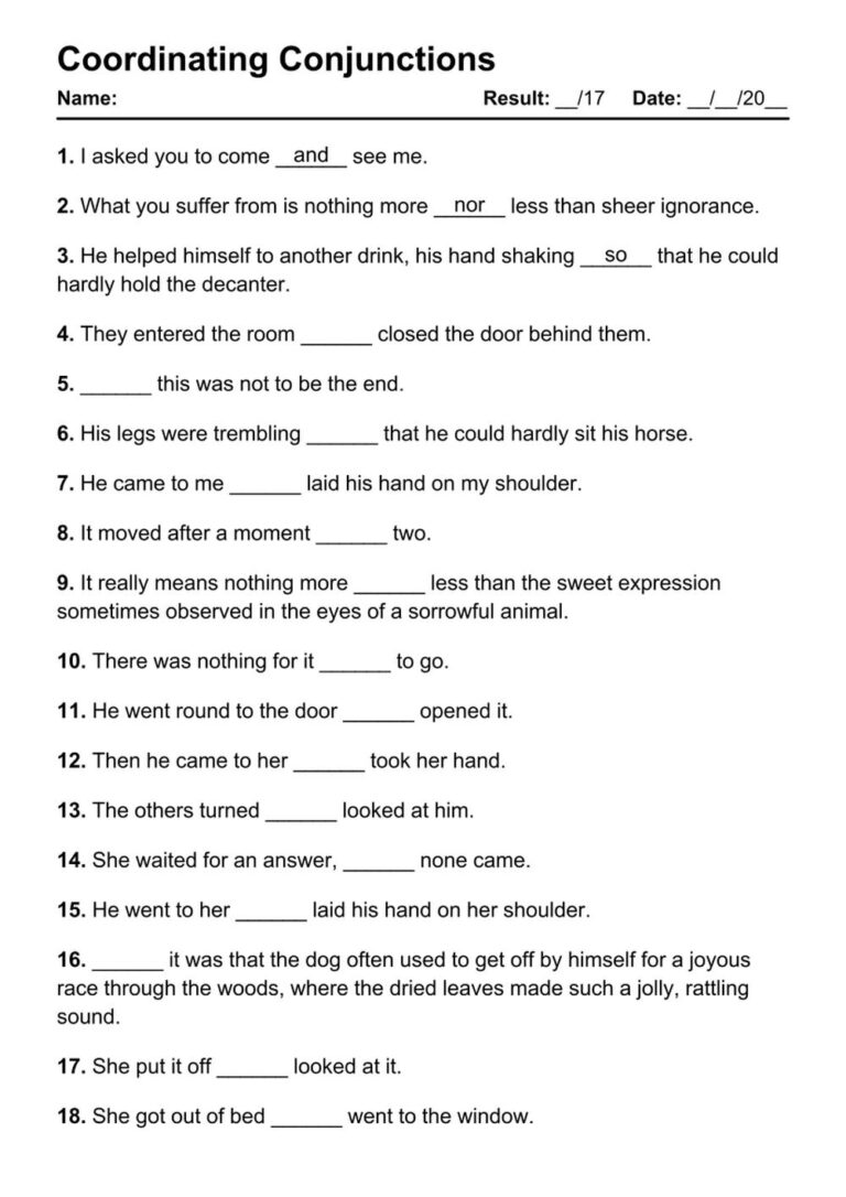 101 Coordinating Conjunctions PDF Worksheets With Answers Grammarism