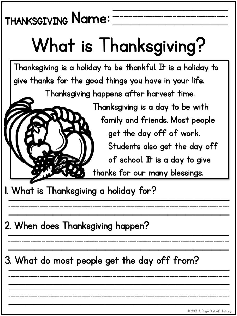 Thanksgiving Reading Comprehension Worksheets 5th Grade