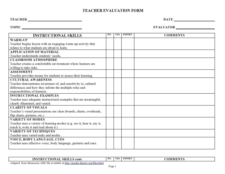 50 Printable Teacher Evaluation Forms Free TemplateLab