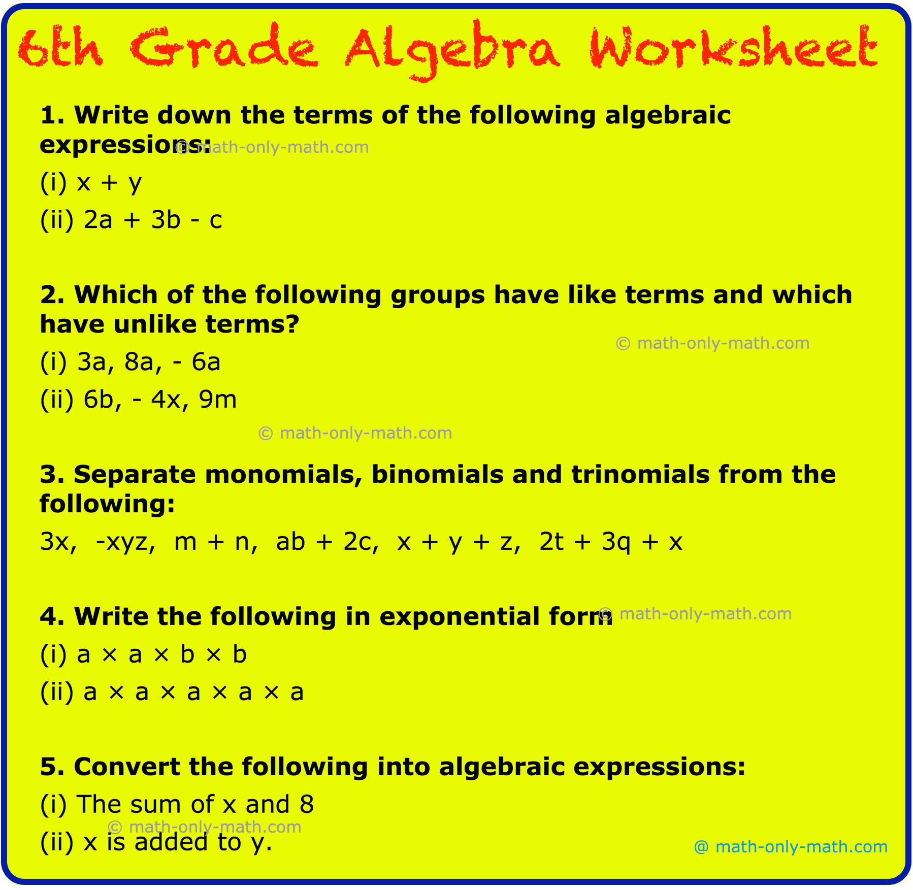 Free Printable Sixth Grade Algebra Worksheets Free Printable Sixth Grade Algebra Worksheets