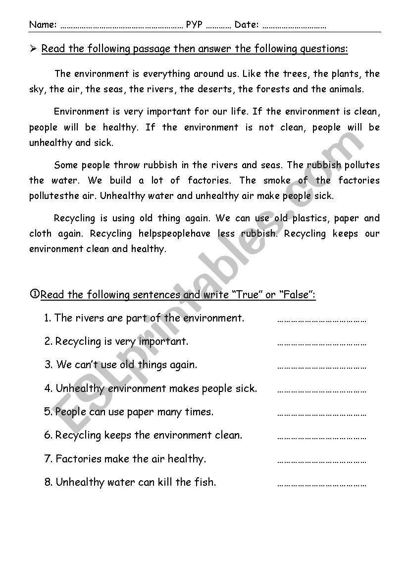A Reading Comprehension Passage About The Environment And The Pollution ESL Worksheet By Mohamed Hamed A Reading Comprehension Passage About The Environment And The Pollution ESL Worksheet By Mohamed Hamed