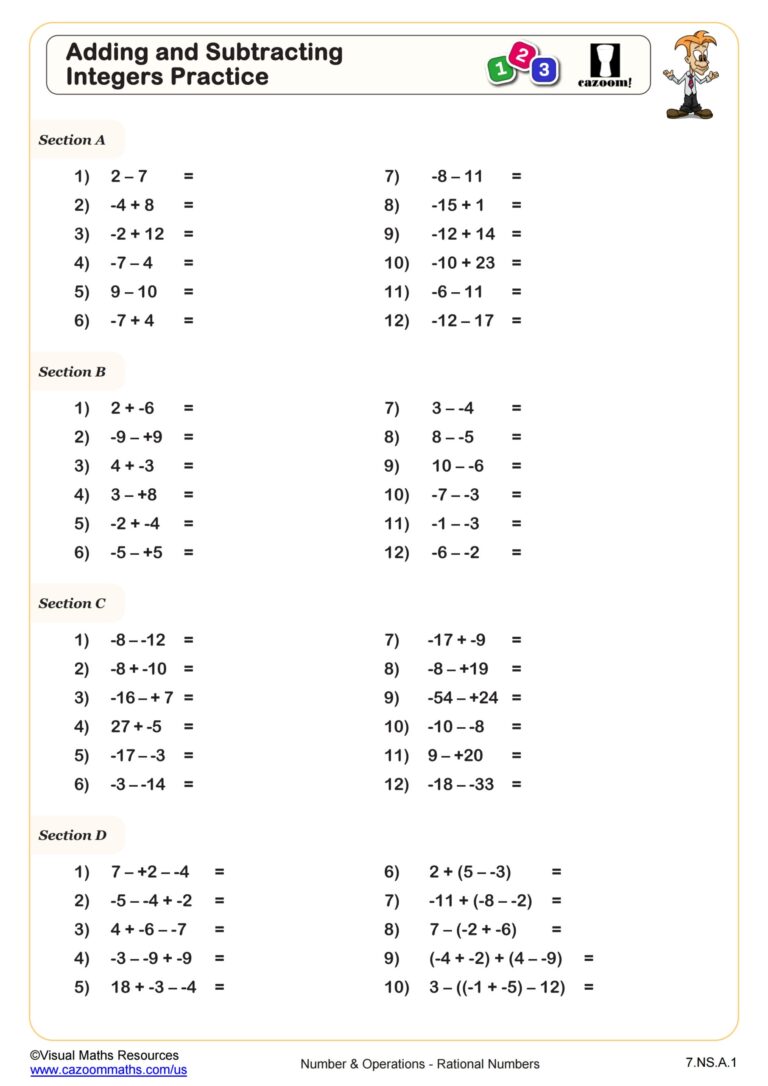 Adding And Subtracting Integers Practice Worksheet 7th Grade PDF Worksheets