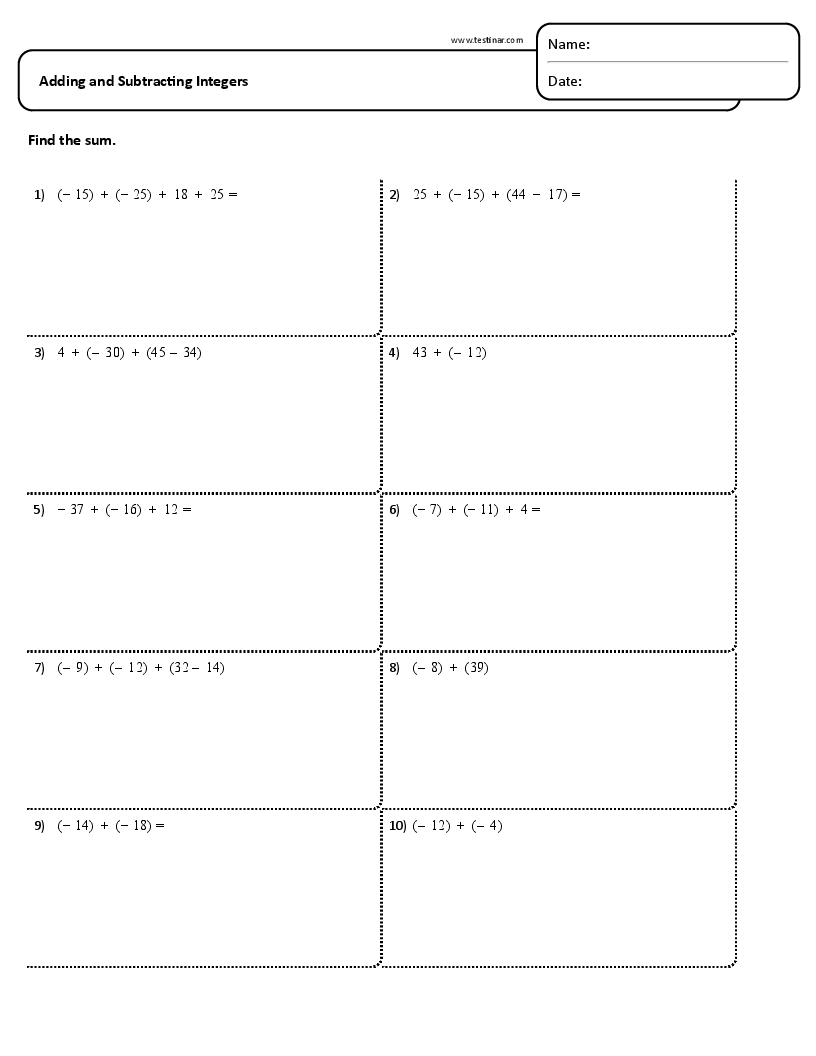 Free Printable Worksheets On Subtracting Integers