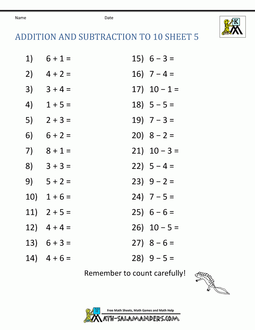 Math Subtraction Worksheets Kindergarten