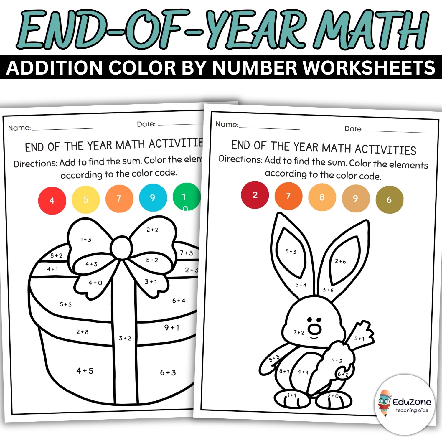 Addition Color By Number Worksheets End of Year Math Activities 