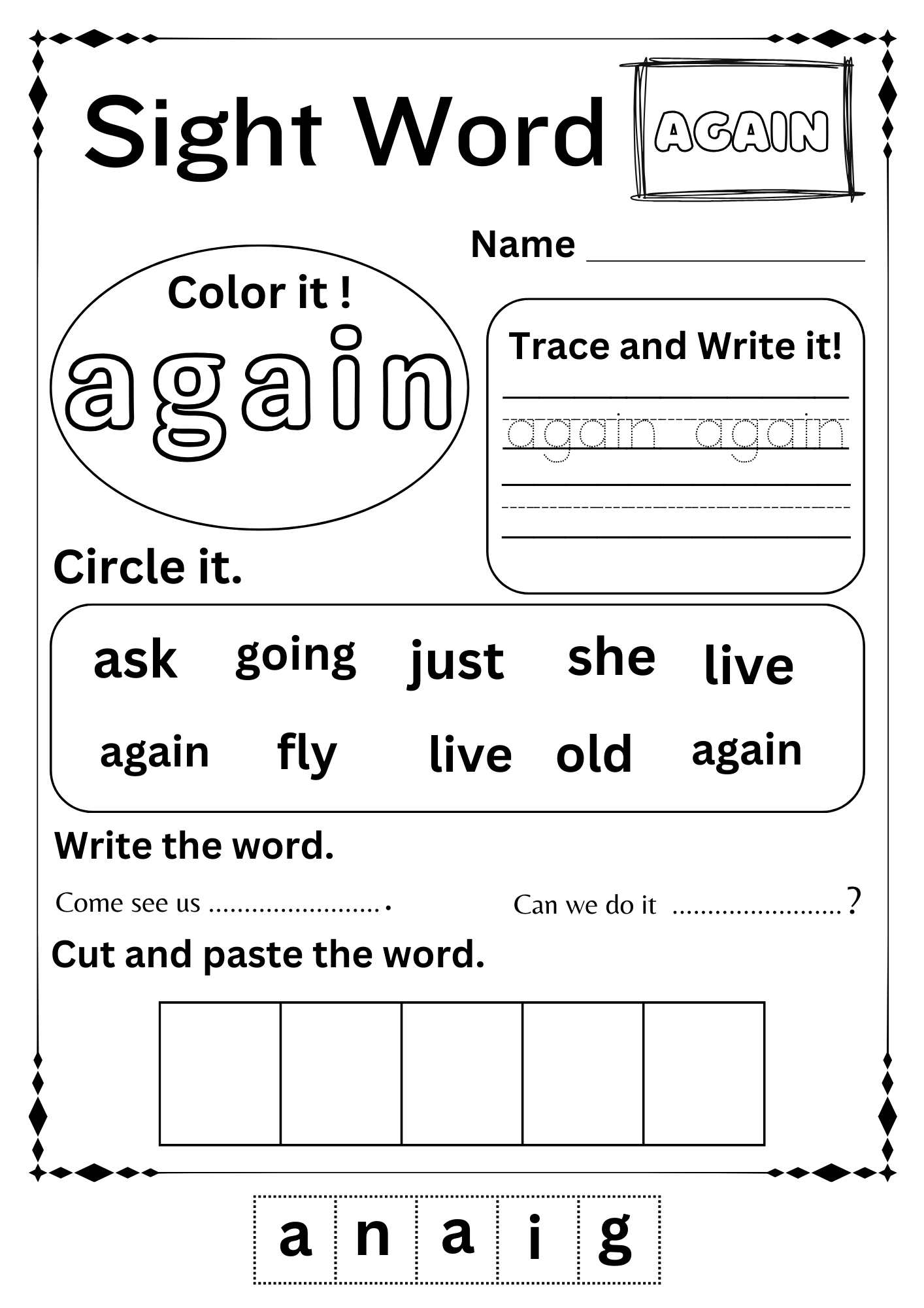 Worksheet On Sight Words For Kindergarten