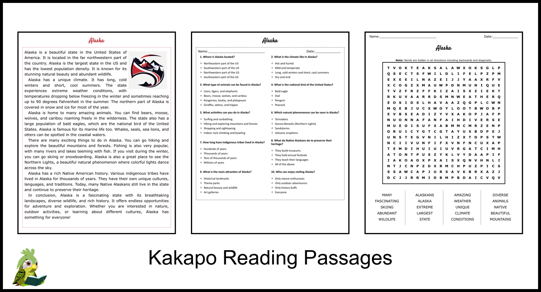 Alaska Reading Comprehension And Word Search Teaching Resources