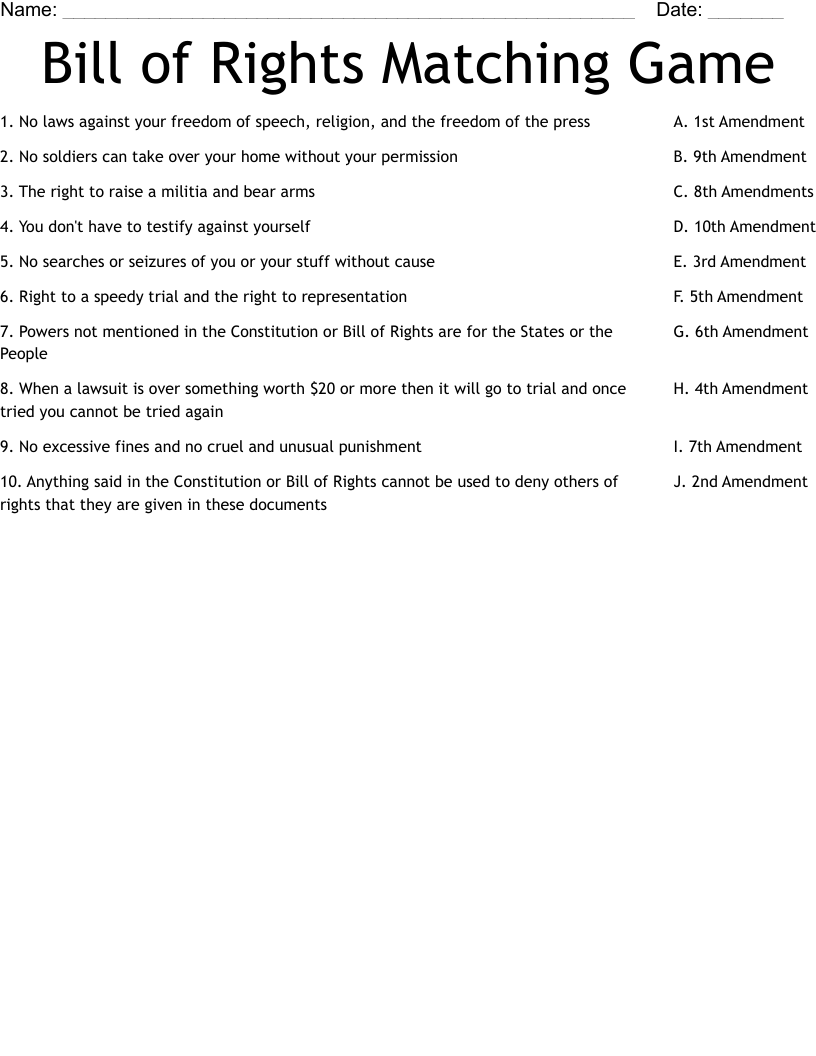Free Printable Worksheets Bill Of Rights