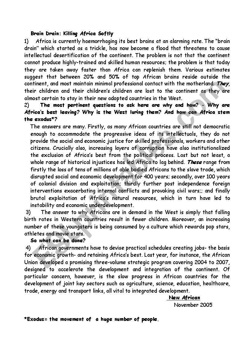 Brain Drain Reading Comprehension For Comprehensive Test ESL Brain Drain Reading Comprehension For Comprehensive Test ESL