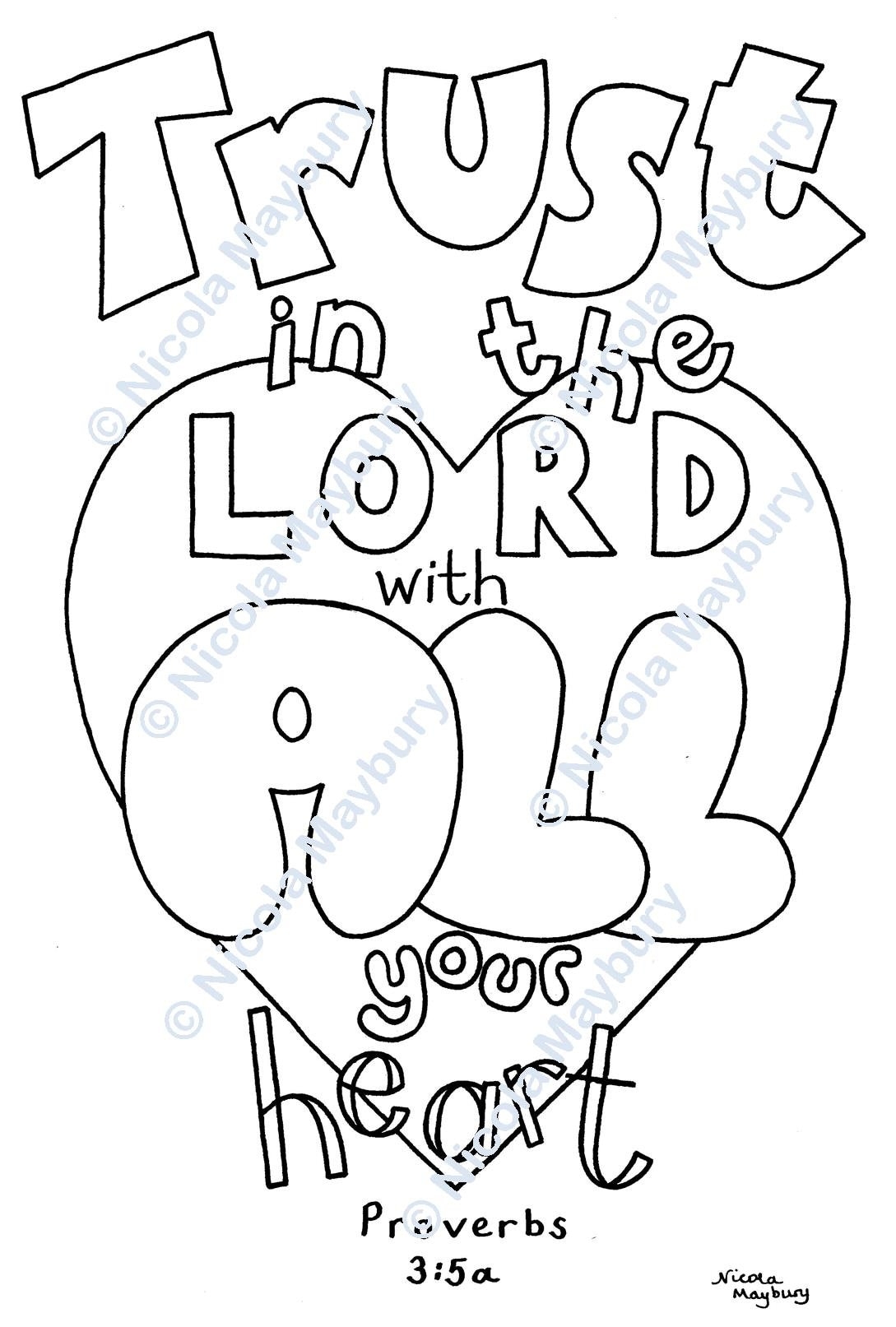 Christian Colouring Pages Trust In The Lord With All Your Heart Downloadable Bible Verse Colouring Sheet Proverbs 3 5 A4 Size