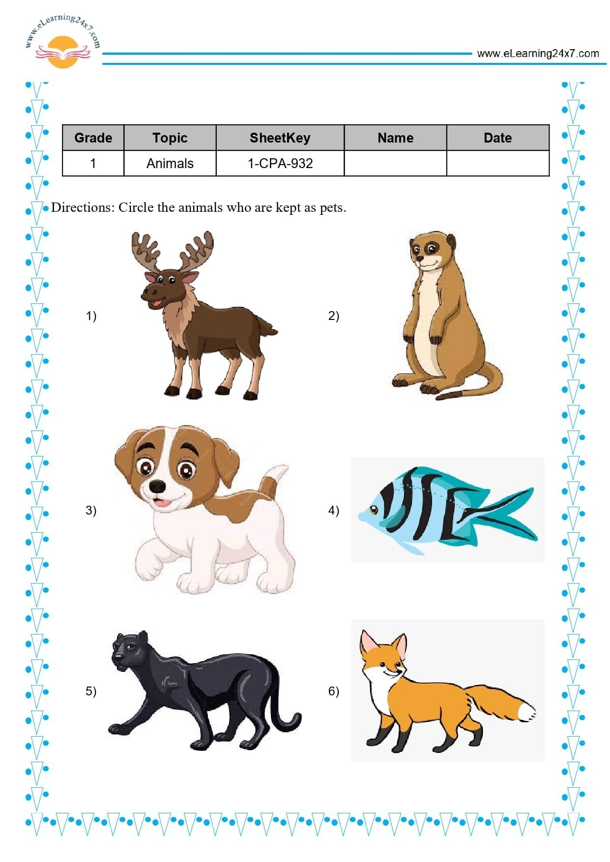 Free Printable Worksheets Pet Animals